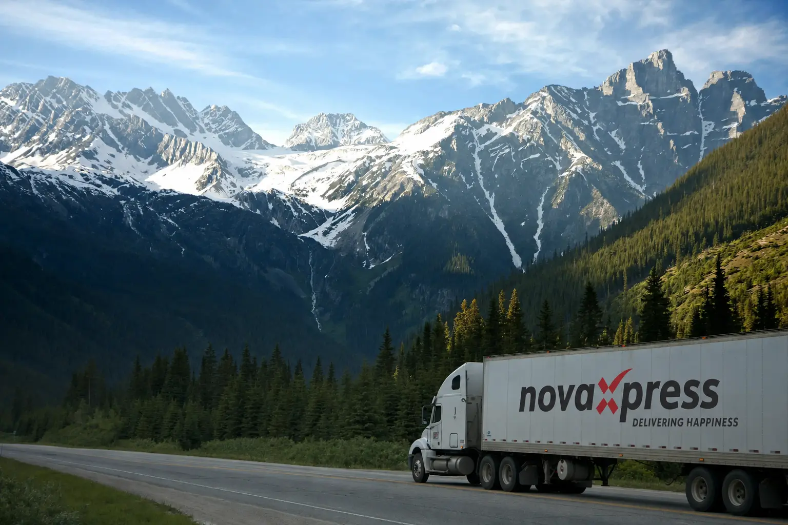 A semi truck driving on a road with mountains in the background.